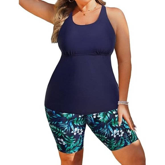 Aqua Eve Plus Size 24W Two-Piece Swimsuit High-Waisted Long Boy Shorts Pockets - Picture 1 of 11